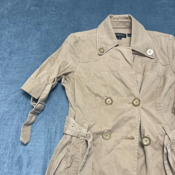 Y2K GUESS Jeans Trench Coat Women Large Khaki Cotton Outdoor Double Breasted - Picture 4 of 16